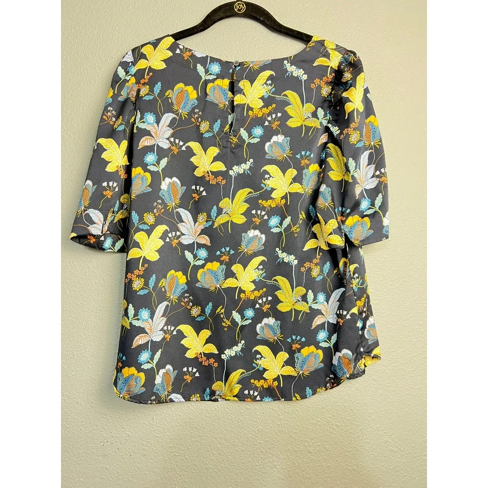 LOFT Womens‎ Navy Blue Floral Puff 3/4 Sleeve Blouse Top Small Career Spring